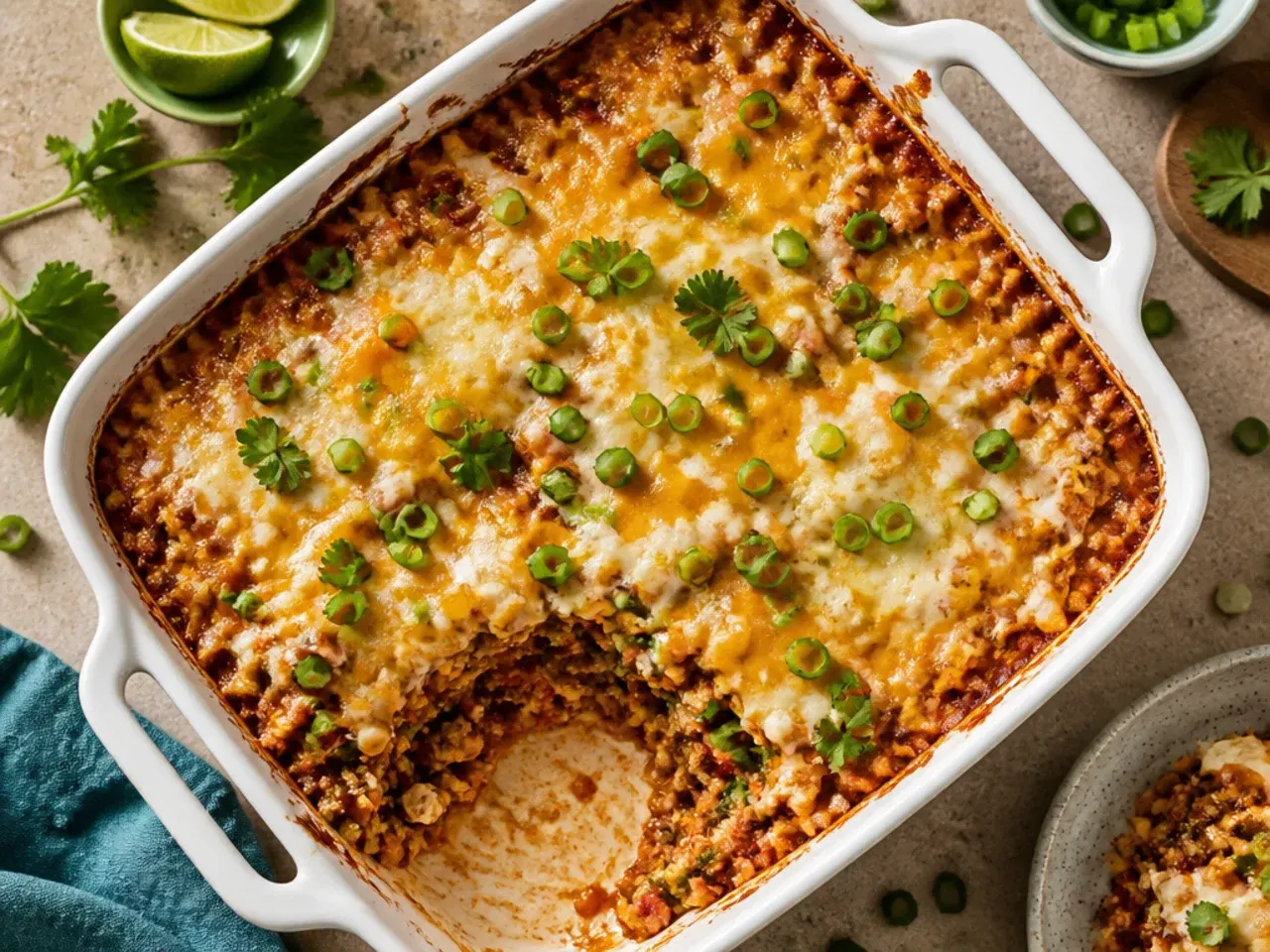 Low-carb chicken enchilada casserole made with cauliflower rice instead of tortillas