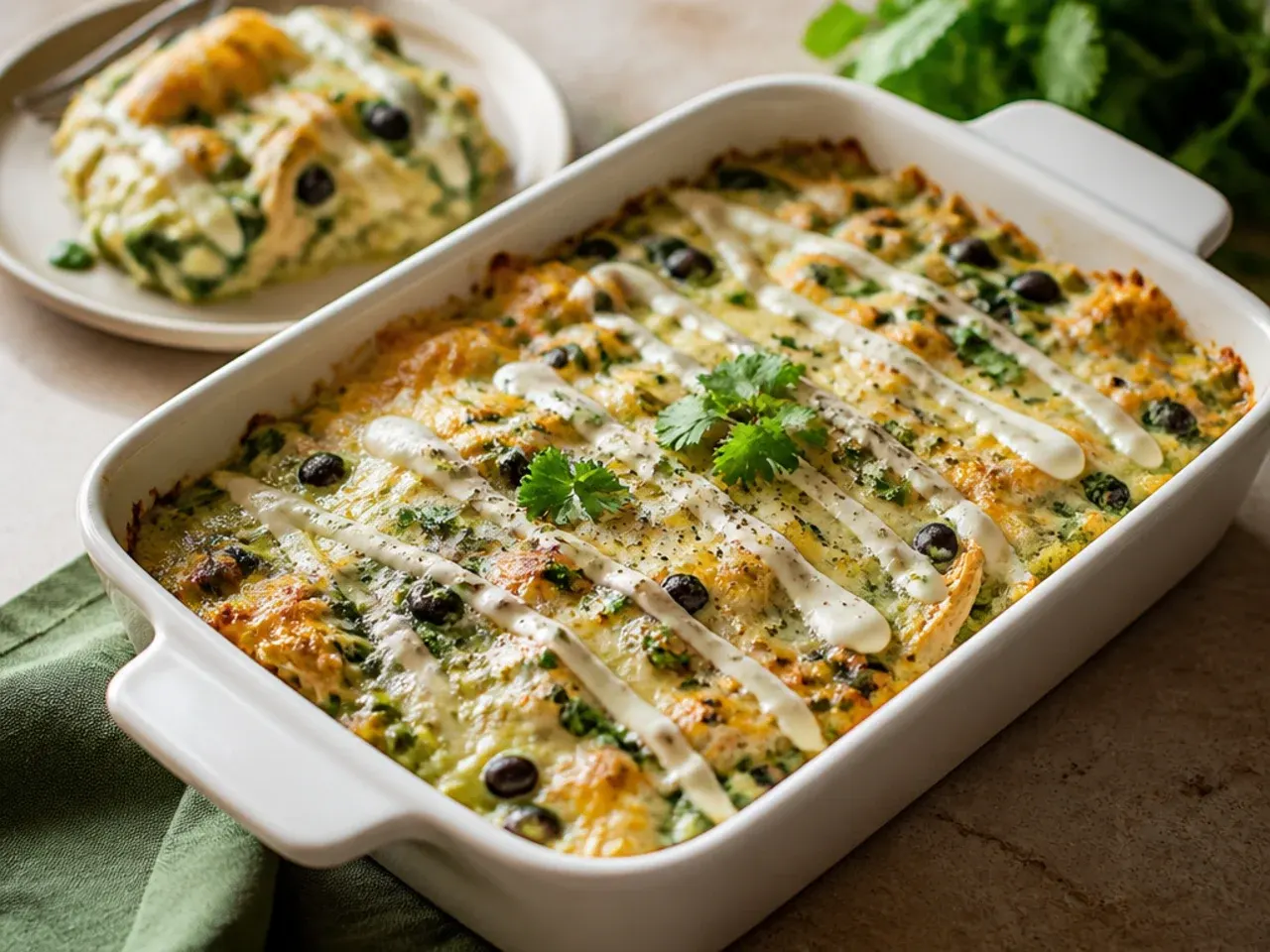 Chicken enchilada casserole with wilted spinach and black beans mixed through the filling