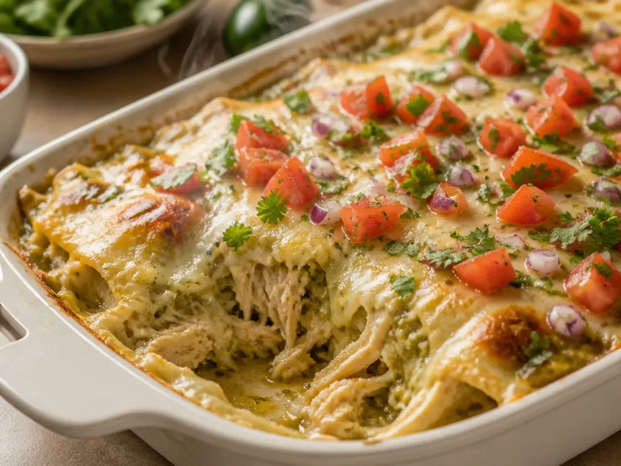 Chicken enchilada casserole made with salsa verde and stretchy melted Monterey Jack cheese