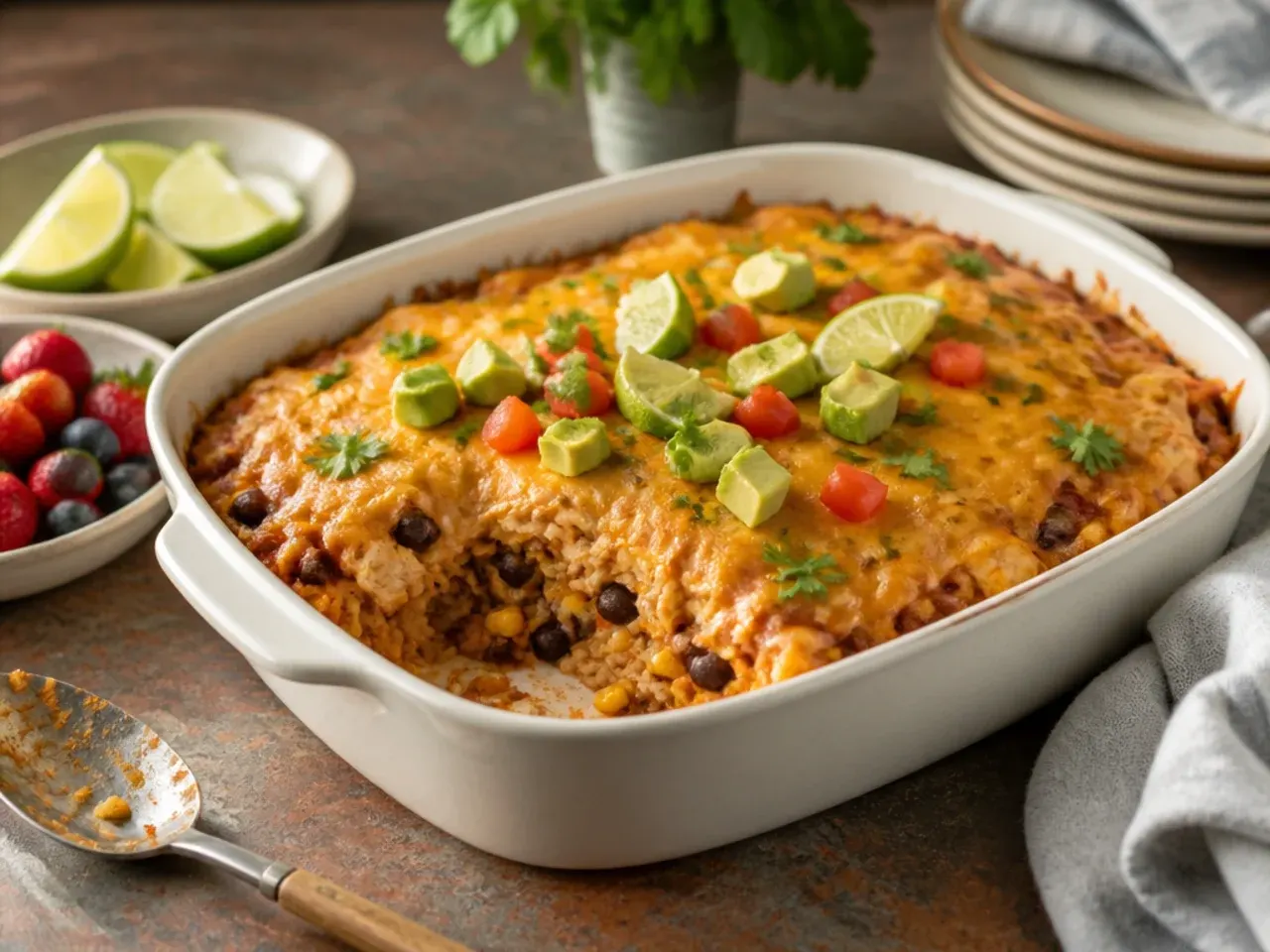 A layer of seasoned rice visible in a sliced portion of chicken enchilada casserole
