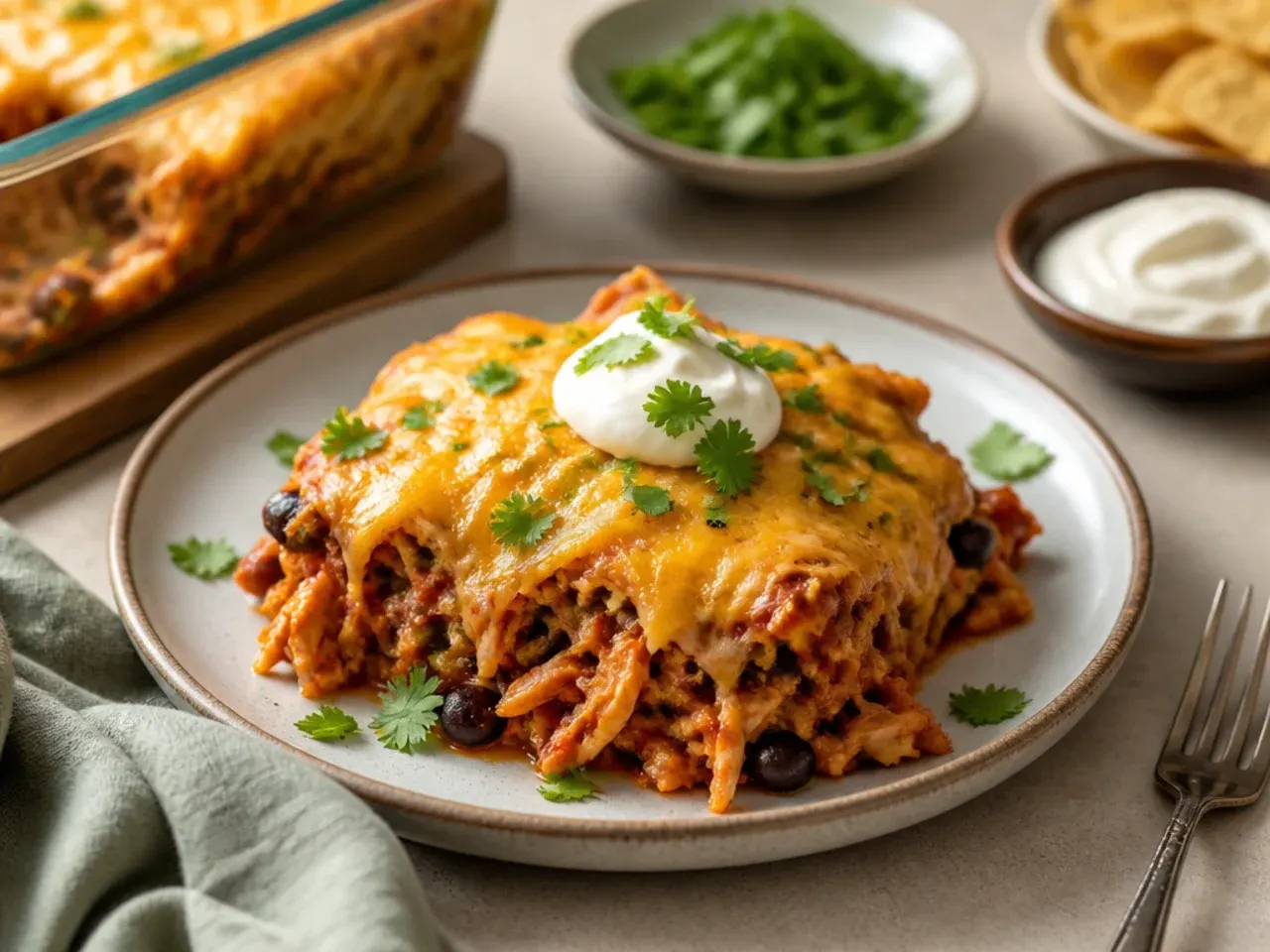 A plated serving of chicken enchilada casserole with lime wedges, avocado and a side salad