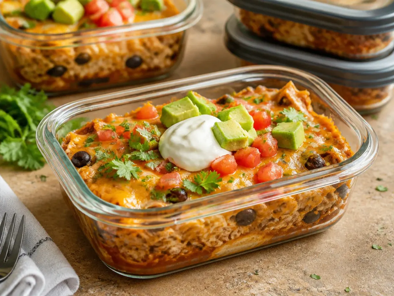 Leftover chicken enchilada casserole portioned into airtight containers for the fridge and freezer