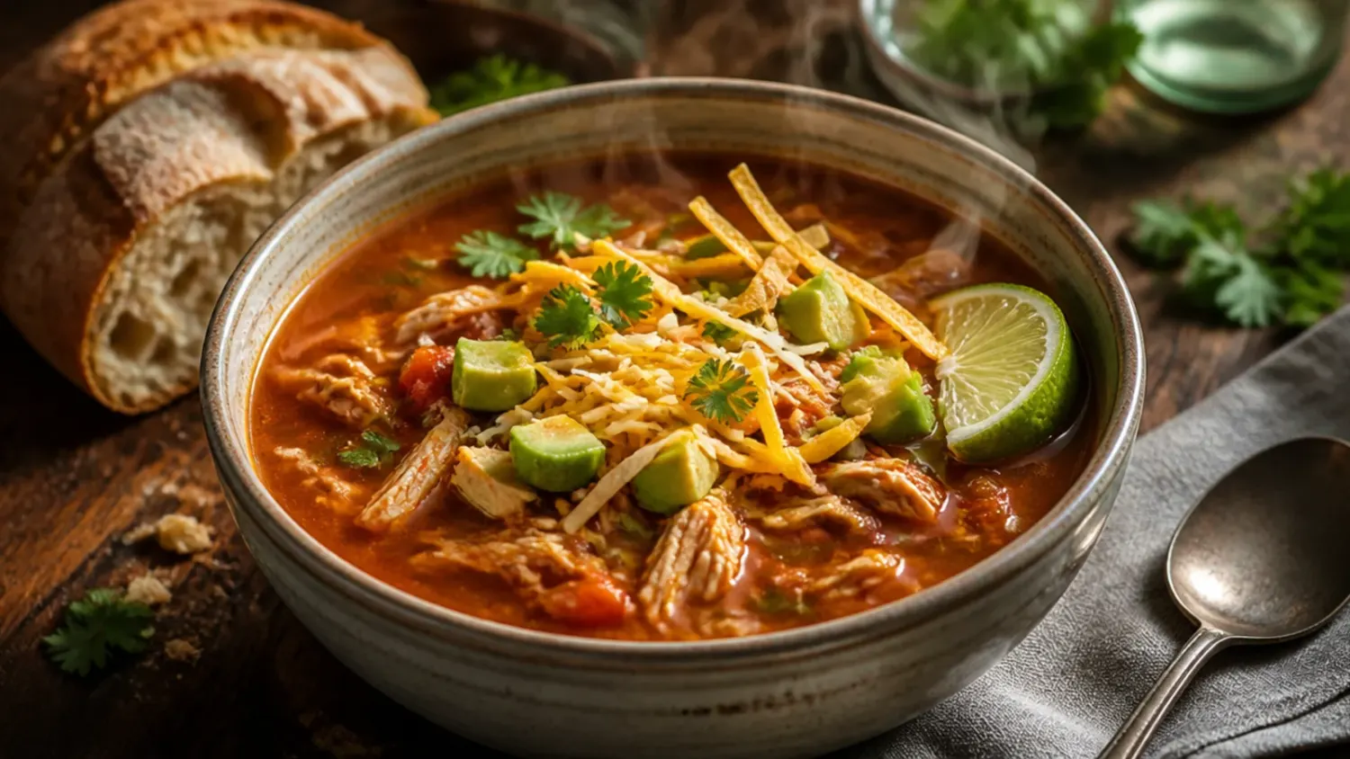 Overhead shot of a bowl of chicken tortilla soup topped with crispy tortilla strips, avocado, and a lime wedge