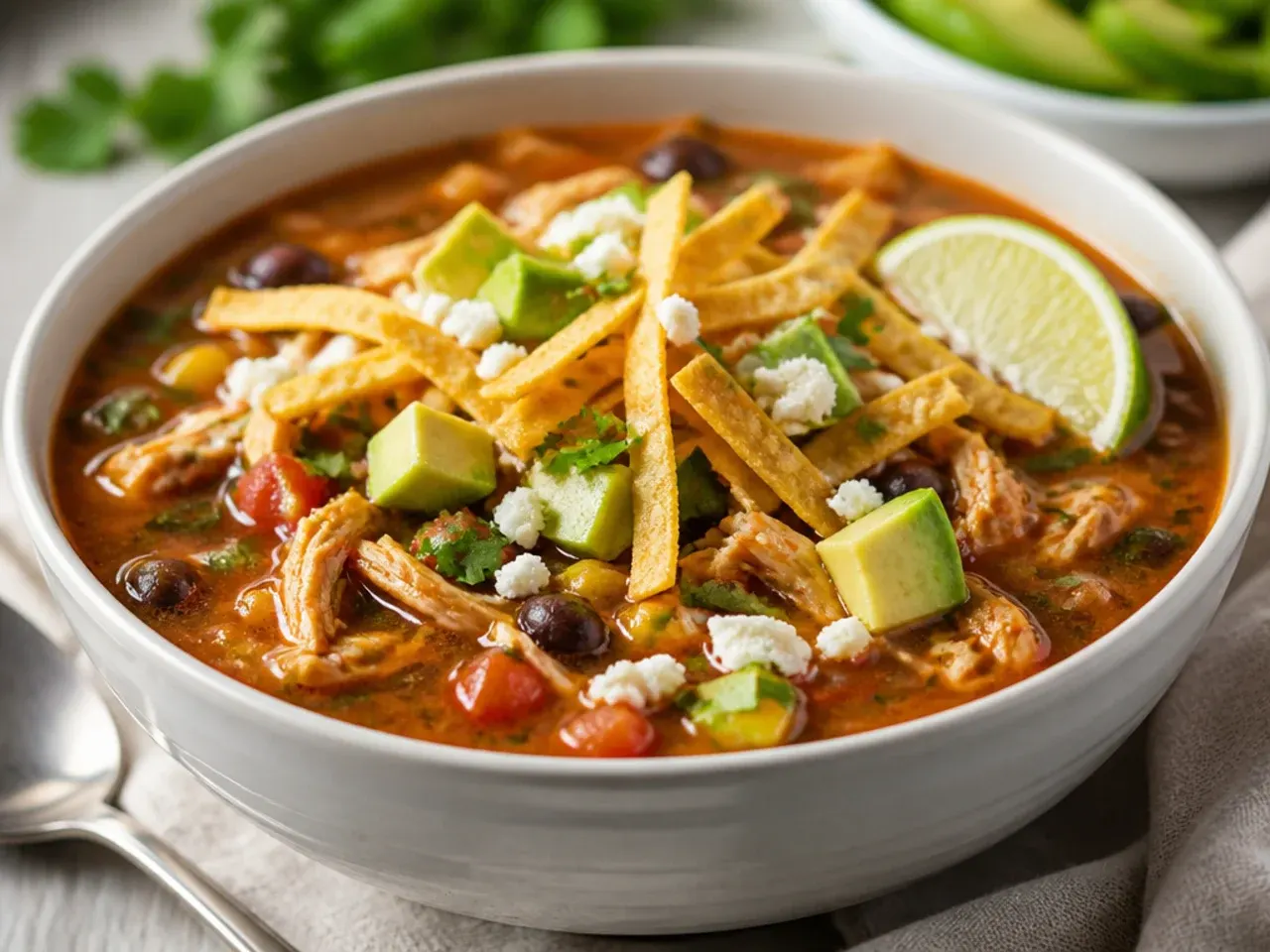 Table spread with a pot of chicken tortilla soup, bowls, and toppings ready for serving