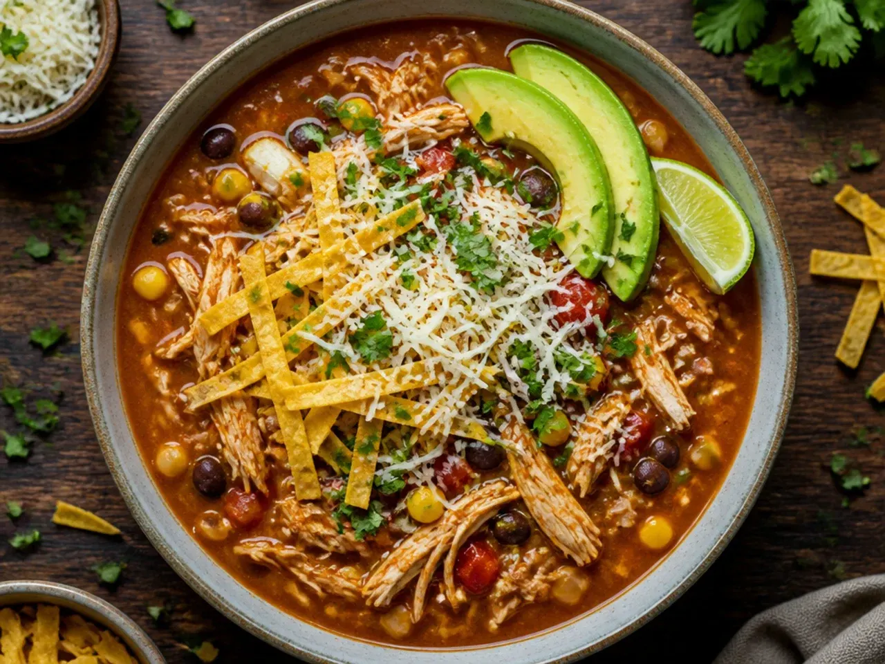 Pot of classic chicken tortilla soup simmering on the stovetop