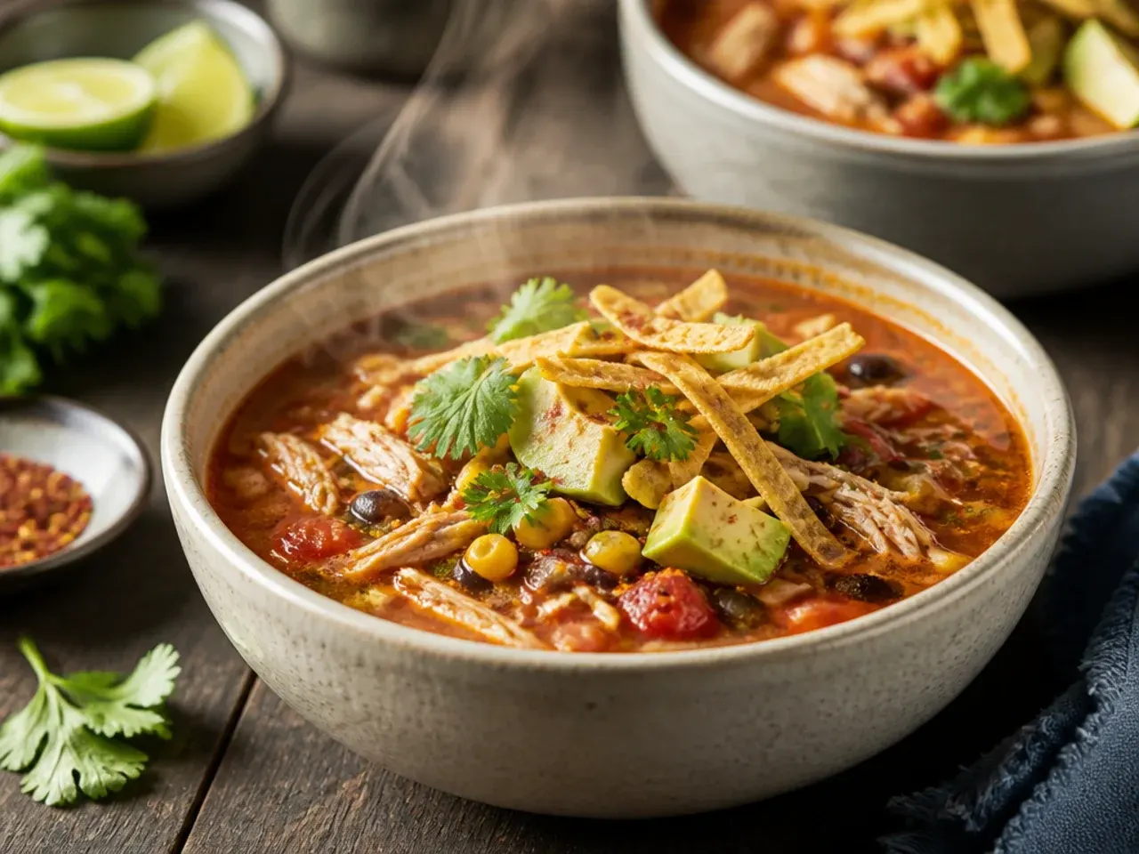Quick pantry-shortcut chicken tortilla soup made with canned ingredients