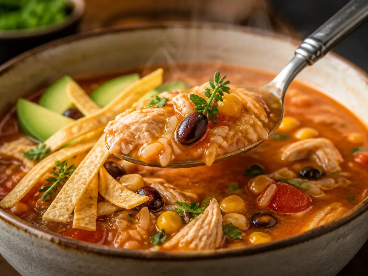 Bowl of hearty chicken tortilla soup with rice stirred through