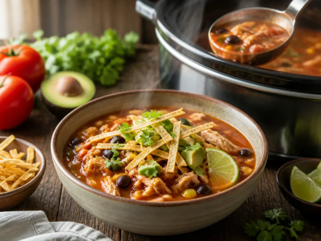 Slow cooker filled with chicken tortilla soup and shredded chicken