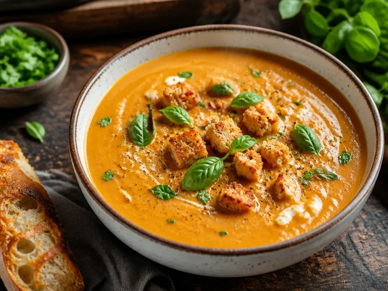 Creamy blended chicken tortilla soup with a swirl of crema on top