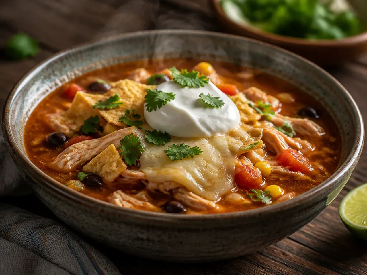 Bowl of cheesy chicken tortilla soup with melted Monterey Jack cheese