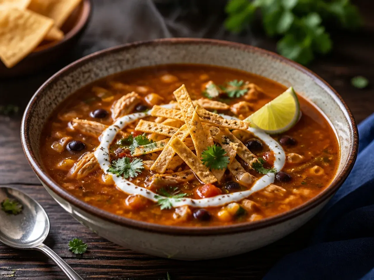 Smoky chipotle chicken tortilla soup with a deep reddish broth