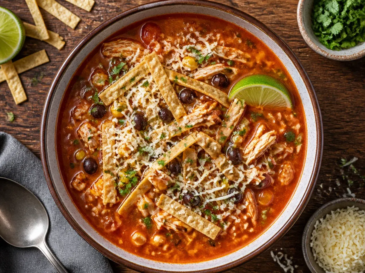 Rotisserie chicken next to a pot of budget-friendly tortilla soup