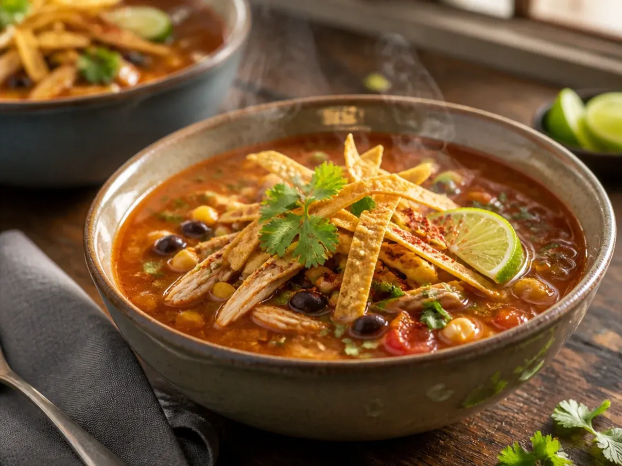 One-pot chicken tortilla soup made with frozen pre-chopped vegetables