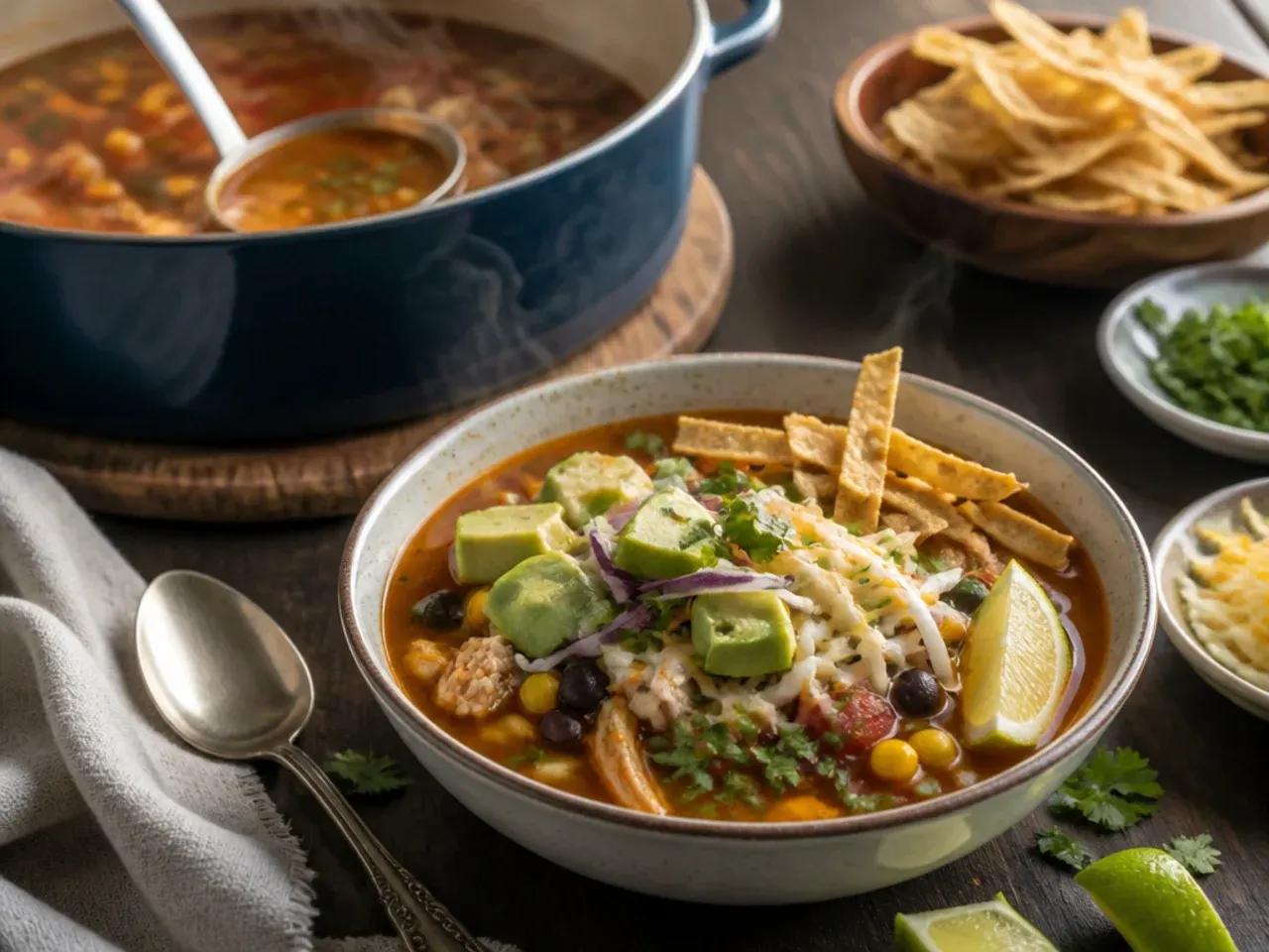 Loaded chicken tortilla soup toppings bar with bowls of garnishes