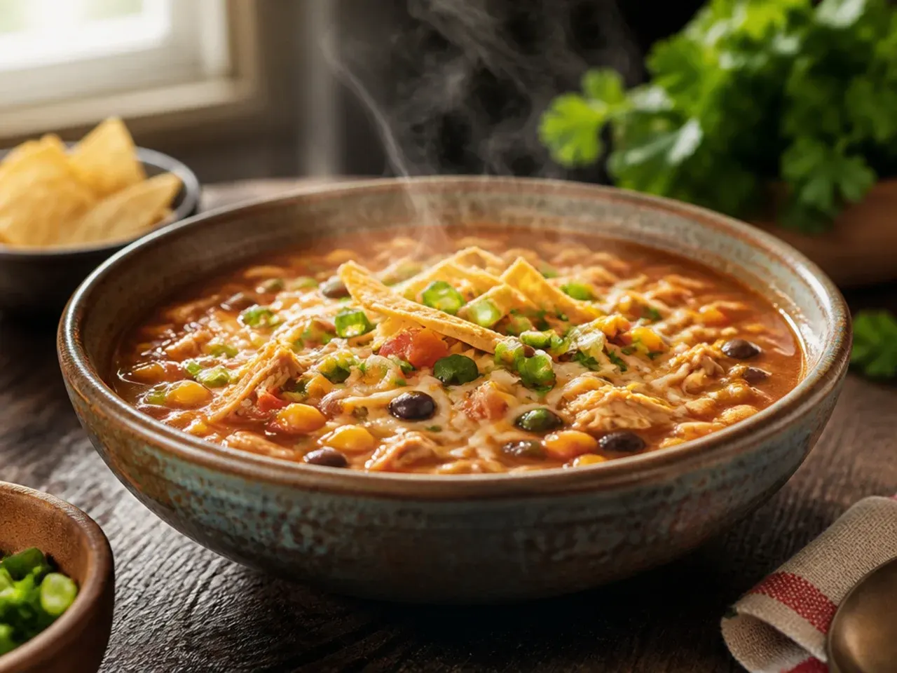 Large stockpot of family-size chicken tortilla soup for a crowd