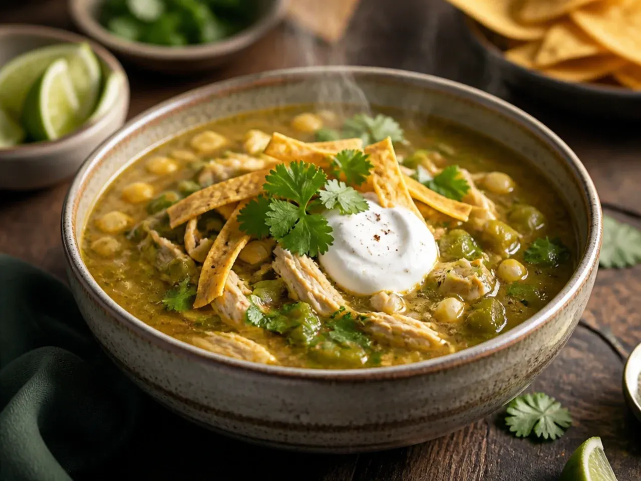 Green chile verde chicken tortilla soup with a bright green broth