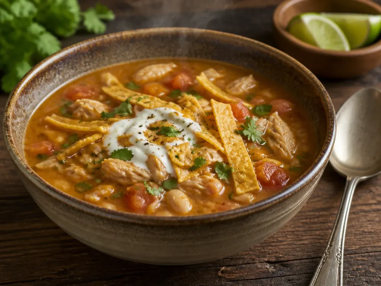 White bean chicken tortilla soup in a rustic bowl