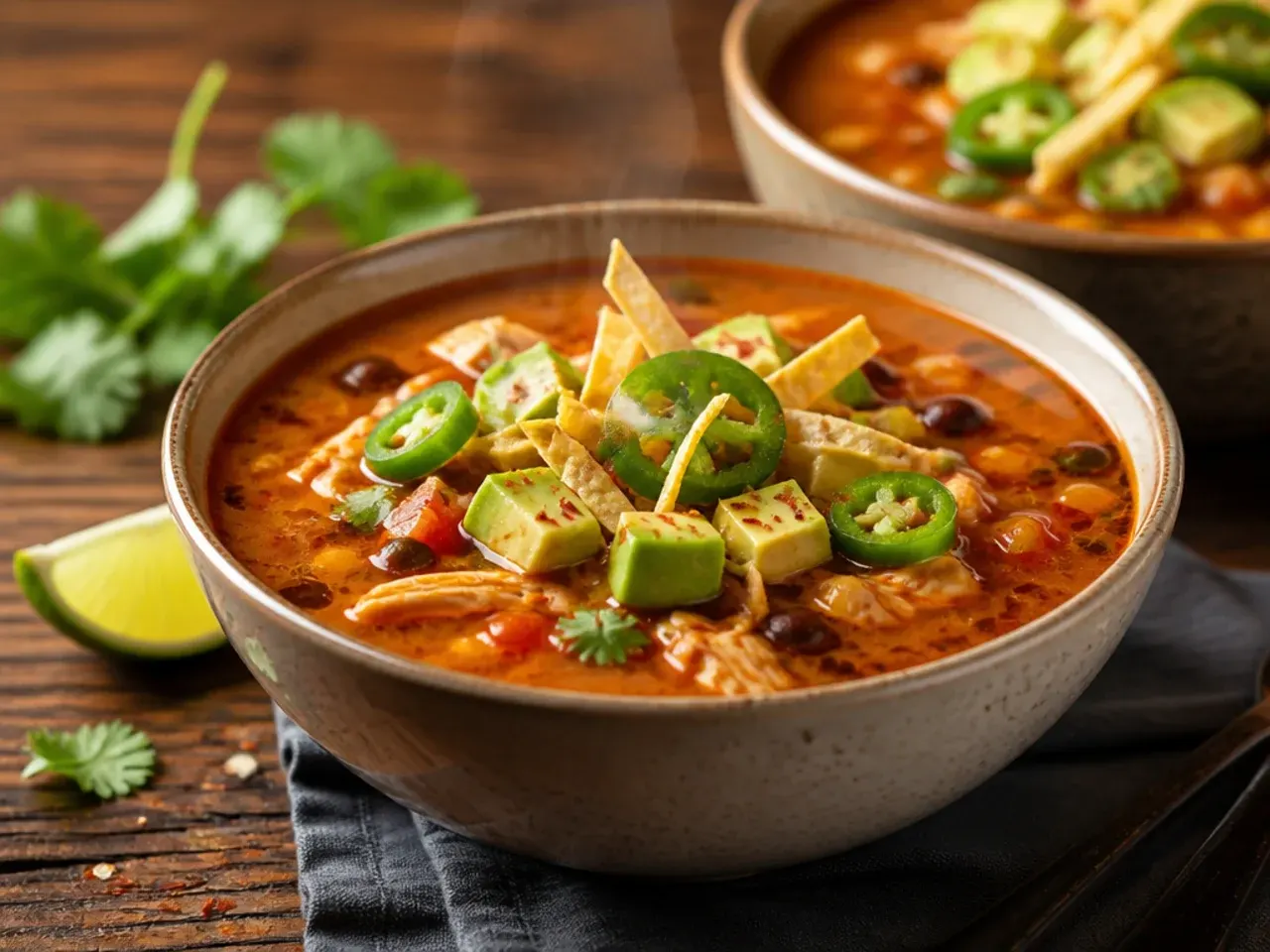 Spicy chicken tortilla soup topped with sliced fresh jalapenos