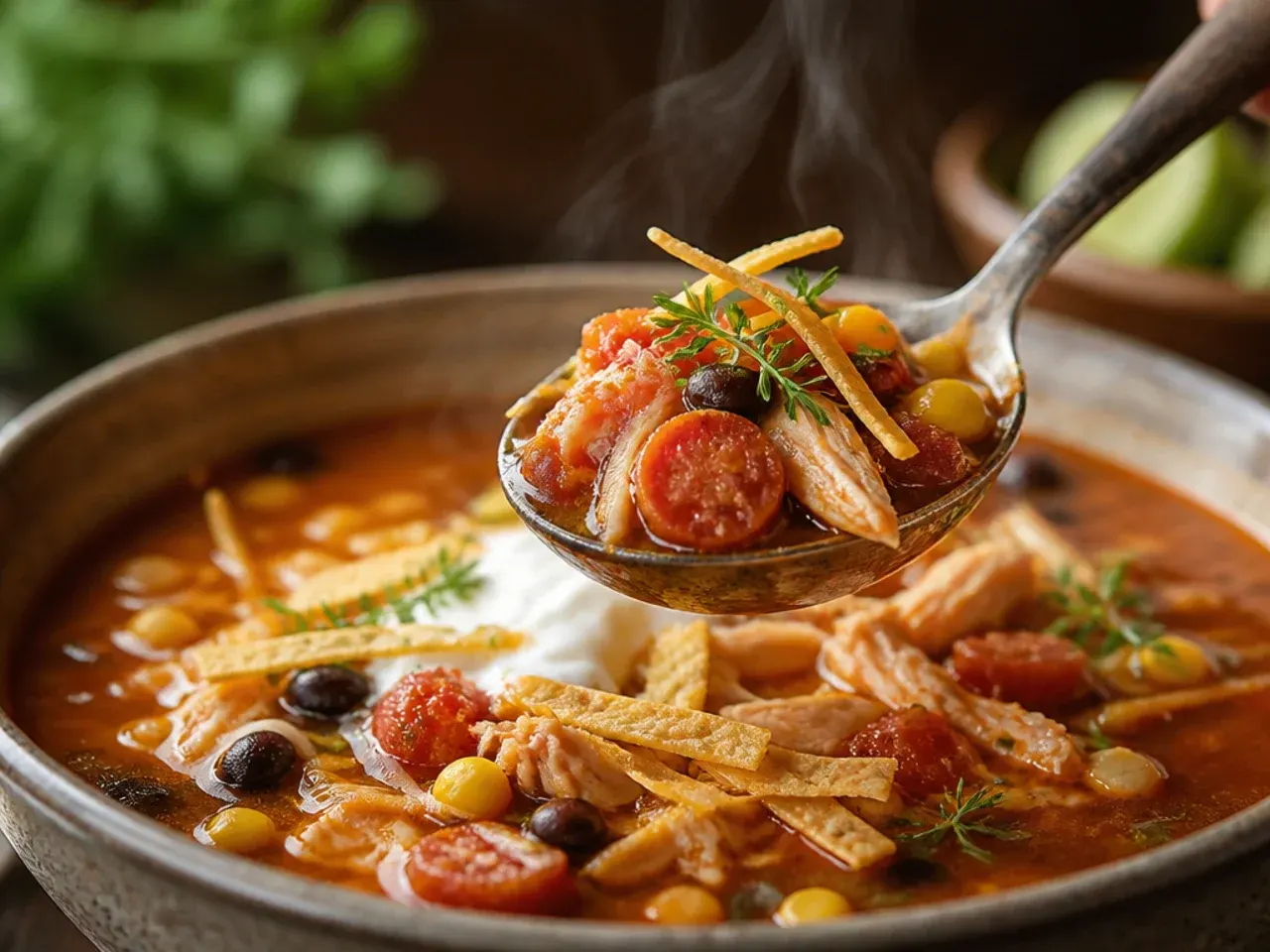 Chorizo-spiked chicken tortilla soup with crumbled sausage on top