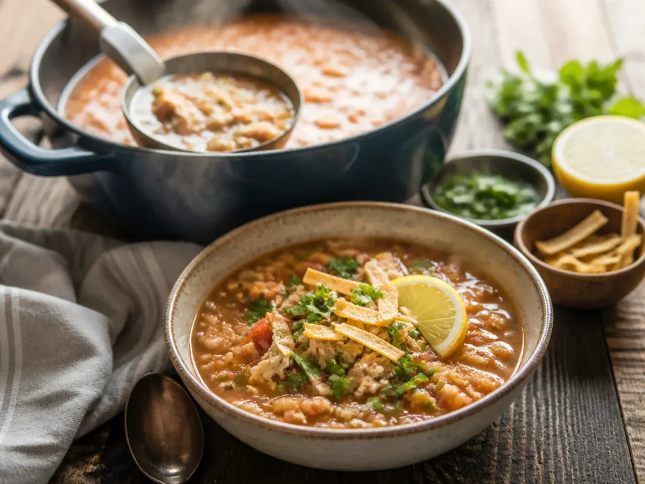 Low-carb chicken tortilla soup with cauliflower rice instead of tortillas