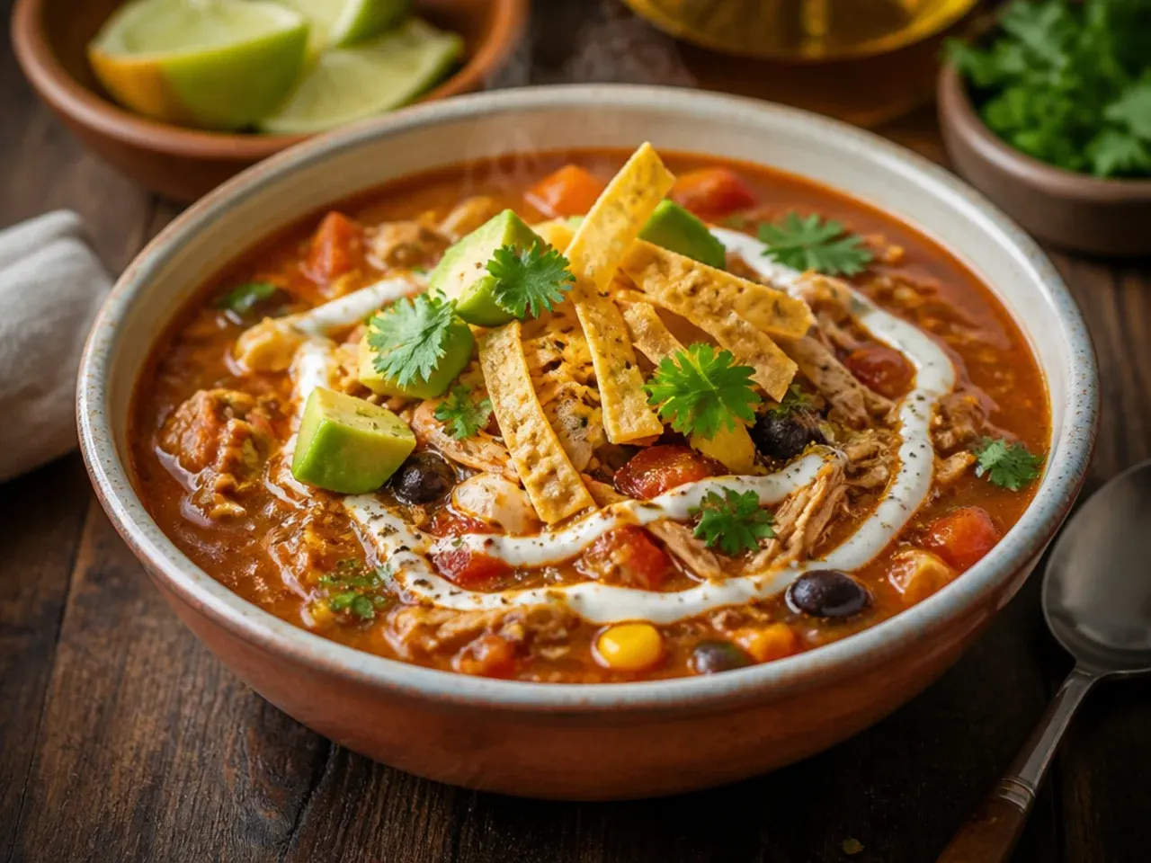 Quick canned-ingredient chicken tortilla soup ready in 15 minutes
