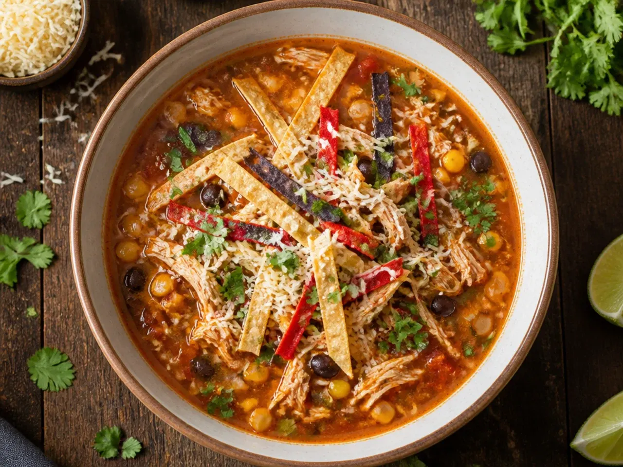 Elegantly plated restaurant-style chicken tortilla soup in a shallow bowl