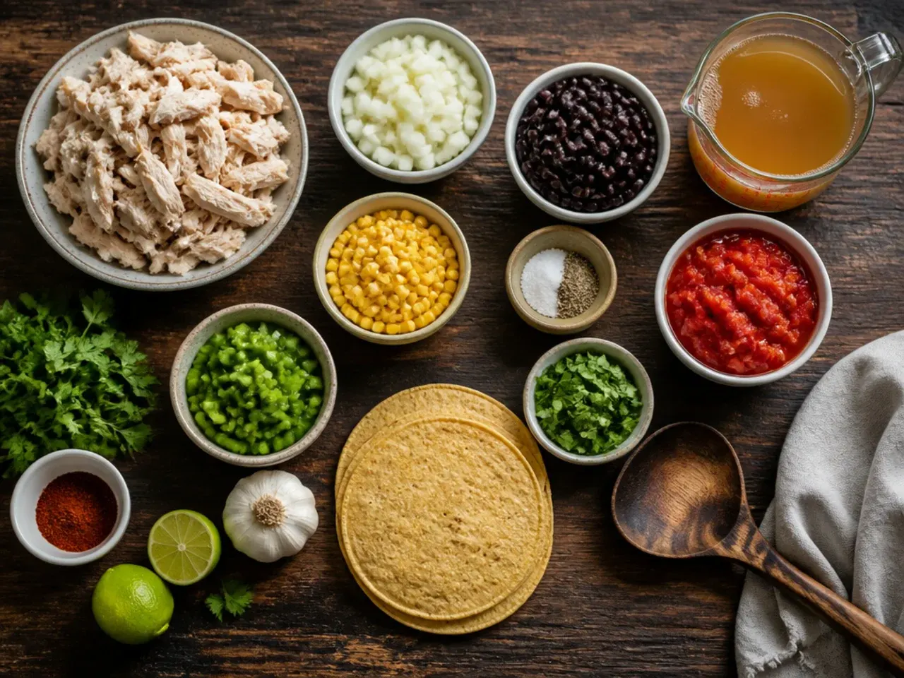 Close-up of a hand seasoning a pot of chicken tortilla soup