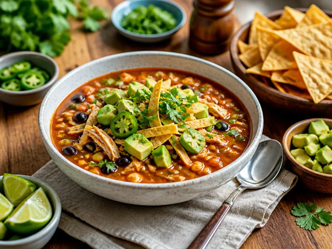 Chicken tortilla soup served with lime wedges, tortillas, and salad on the side