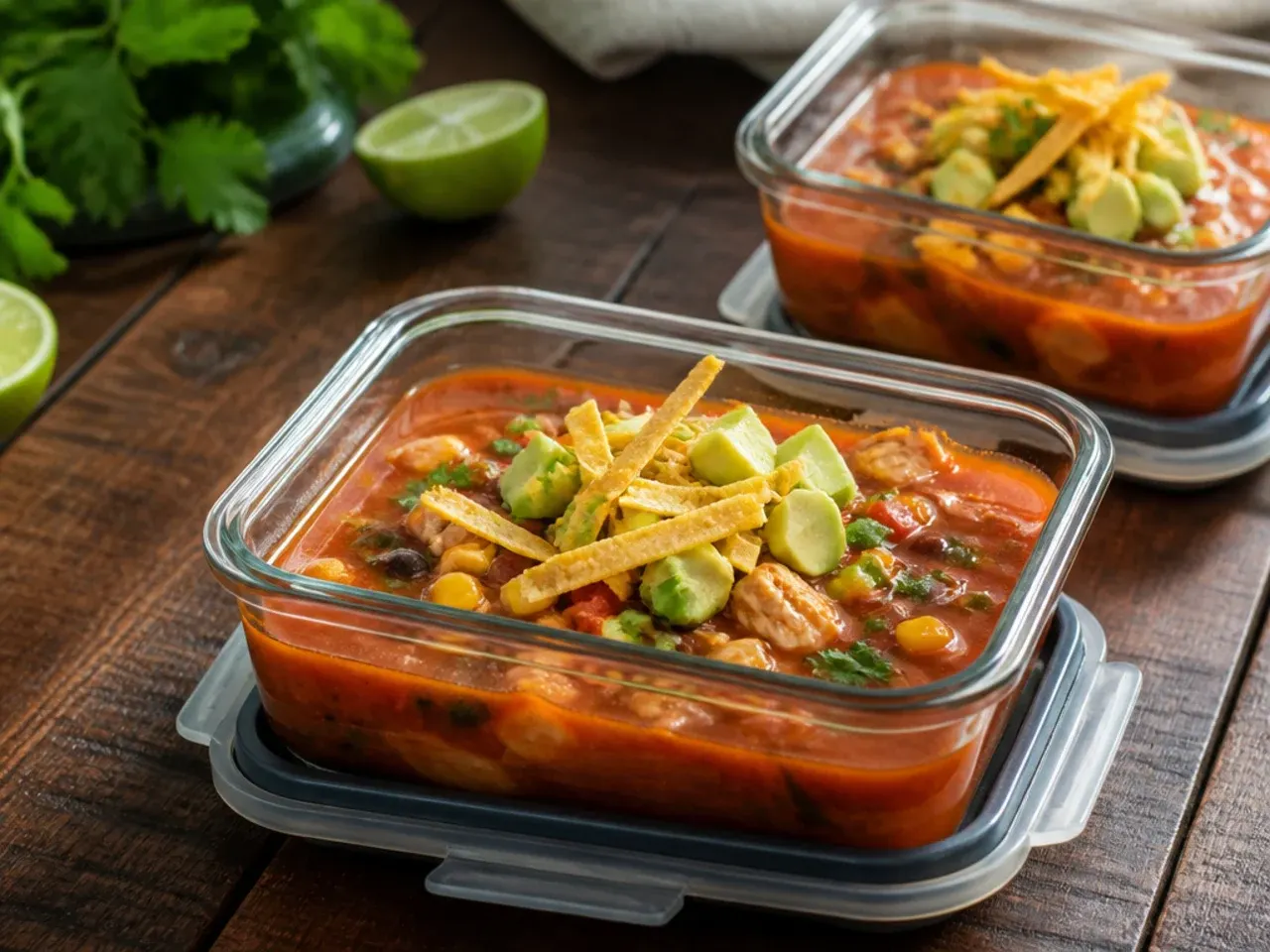 Airtight containers of leftover chicken tortilla soup in the fridge