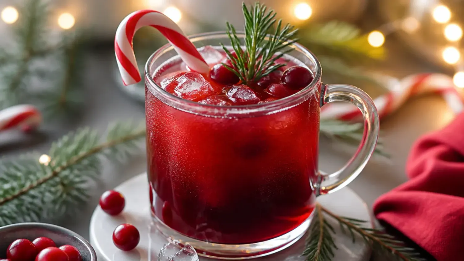 A table of easy Christmas drinks including mulled wine, eggnog and hot chocolate in festive glasses with cinnamon and cranberry garnish