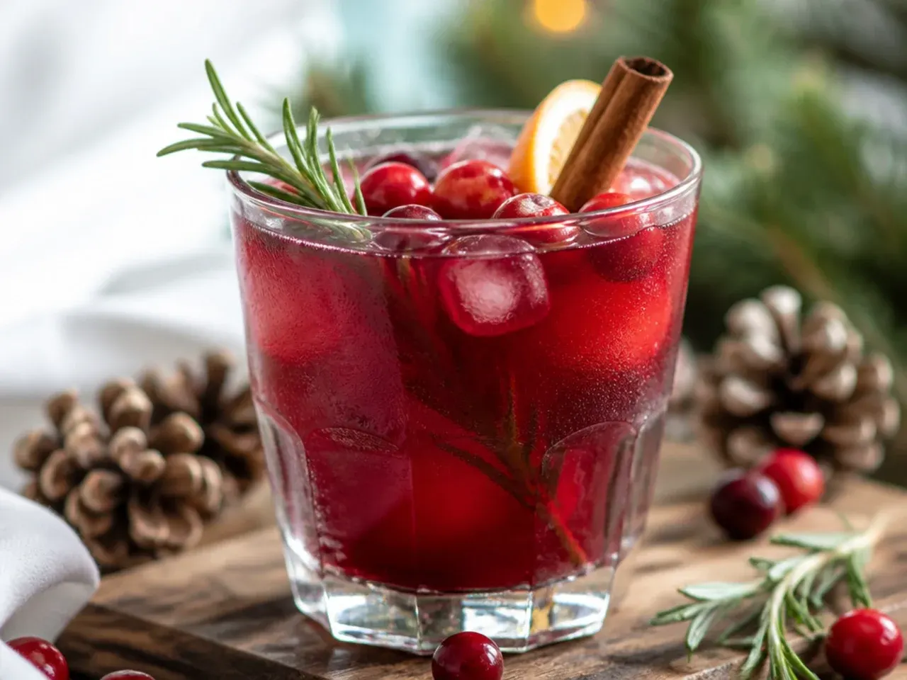 Overhead shot of assorted easy Christmas drinks in mugs and glasses on a wooden table with holiday decorations
