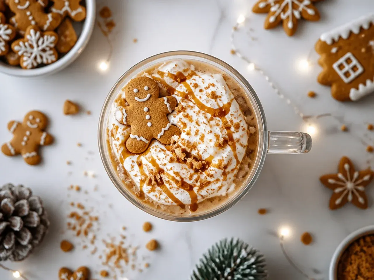 Iced gingerbread latte in a tall glass with cinnamon dusting and a straw