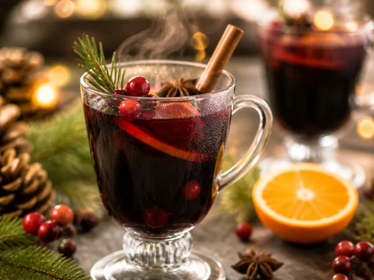 Pot of classic mulled wine simmering with orange slices and cinnamon sticks