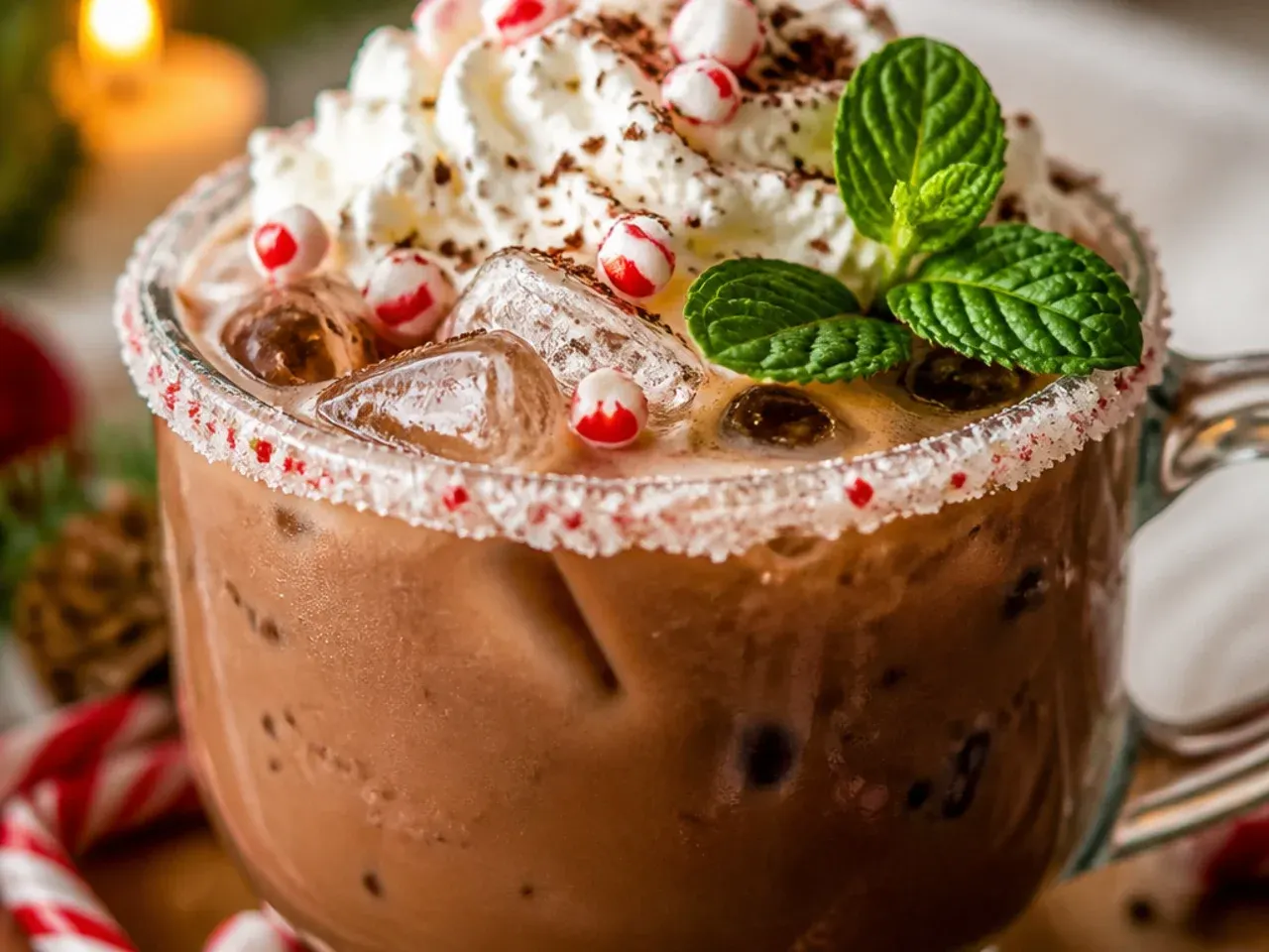 Copycat peppermint mocha topped with whipped cream and crushed candy cane in a glass mug