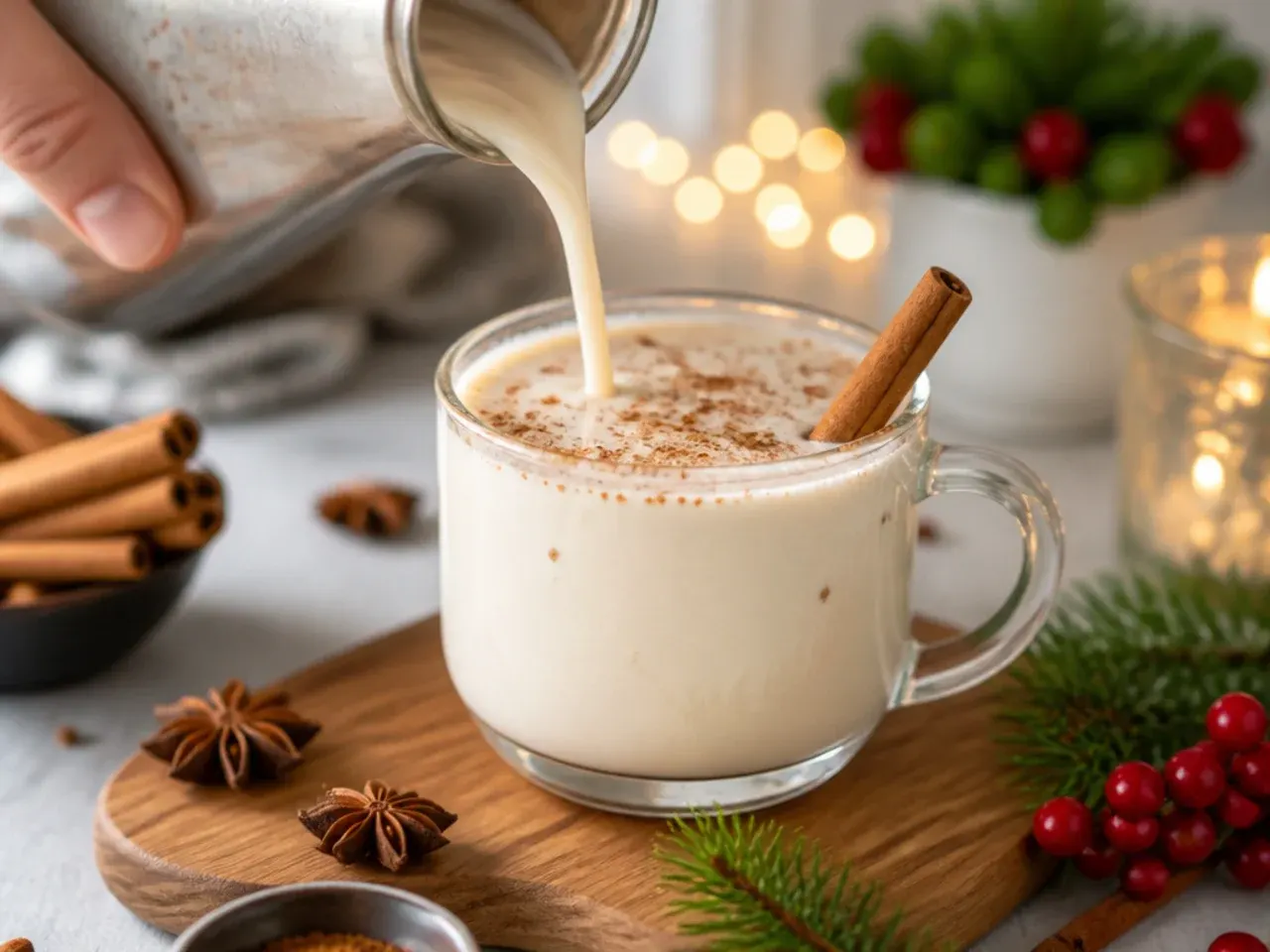 Glass of creamy homemade eggnog topped with grated nutmeg and a cinnamon stick