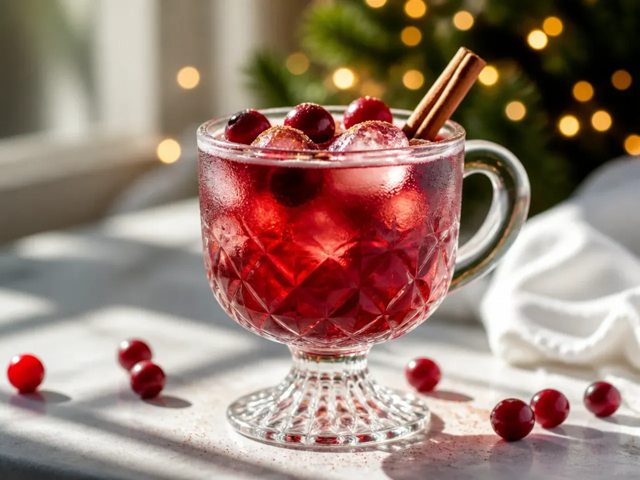 Refreshing cranberry ginger spritzer in a tall glass with floating cranberries and rosemary garnish