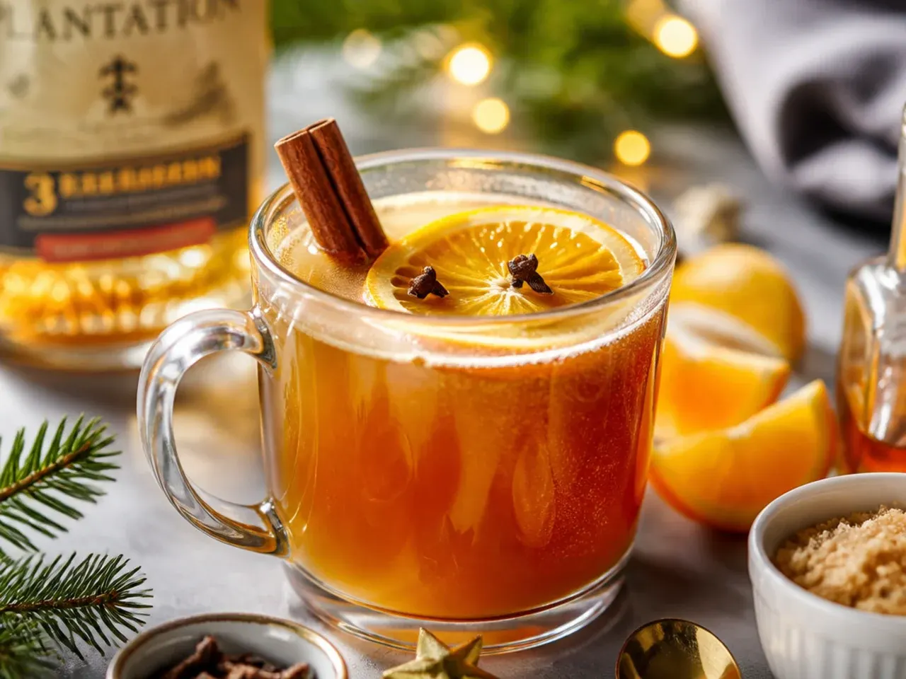 Mug of hot buttered rum with melting spiced butter swirl and cinnamon stick