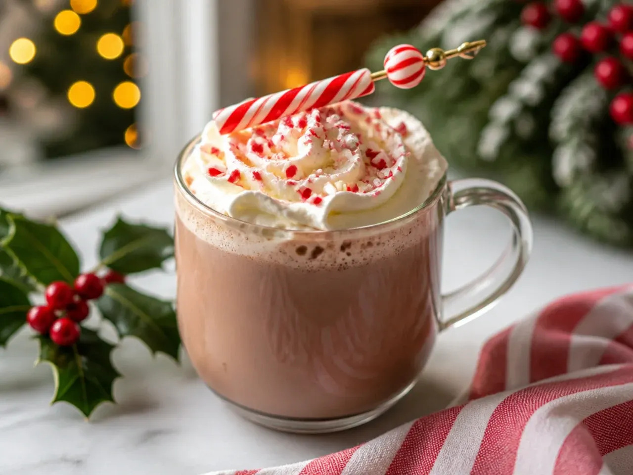 Mug of sweet candy cane hot chocolate topped with whipped cream and crushed peppermint