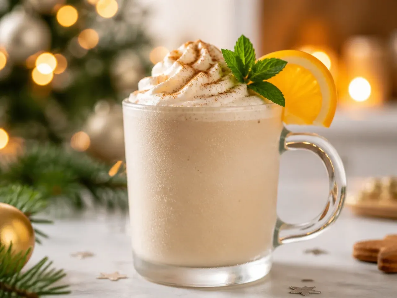 Frozen eggnog milkshake in a glass topped with whipped cream and a cinnamon stick