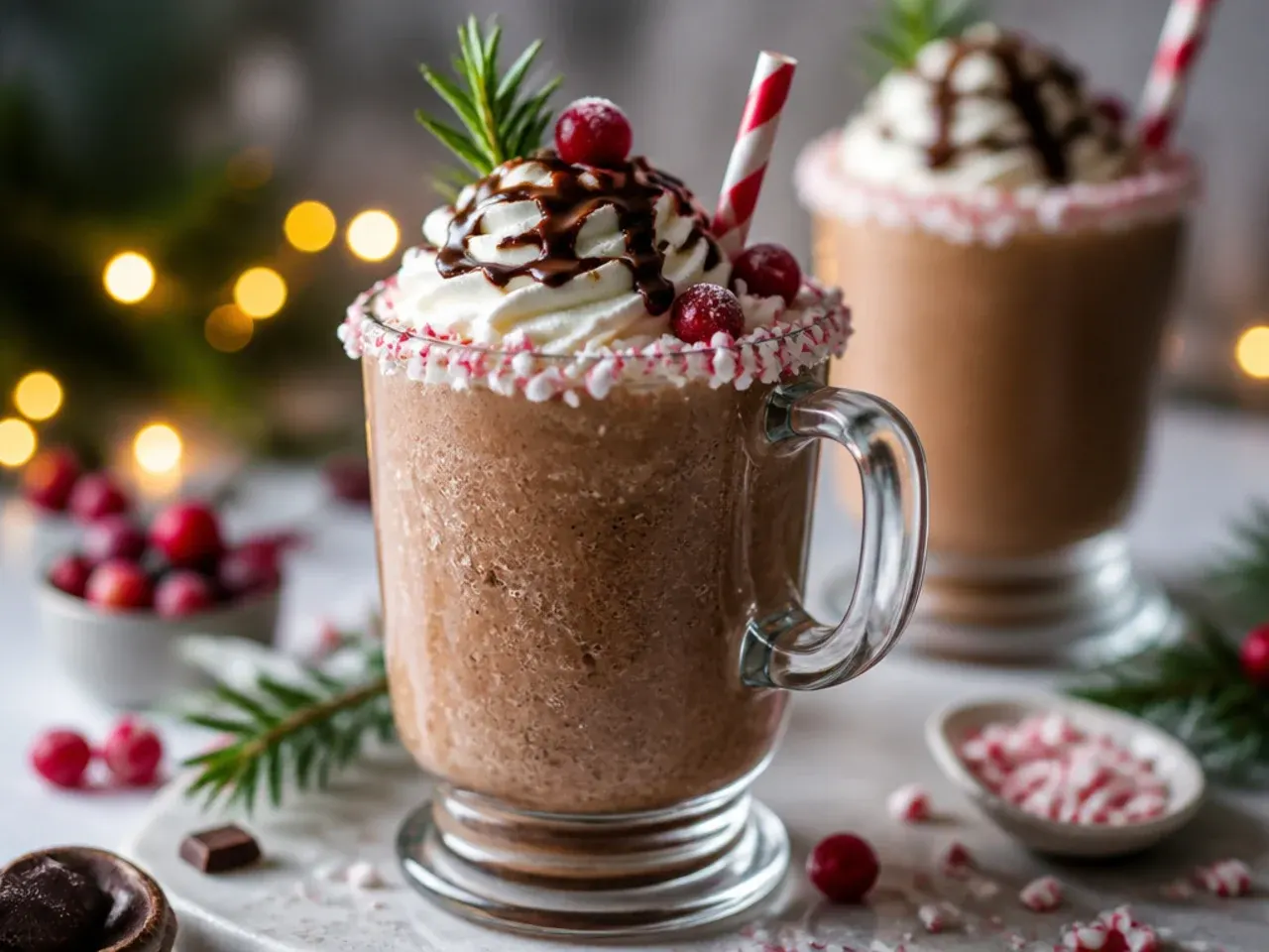Blended frozen peppermint mocha in a glass with whipped cream and chocolate drizzle