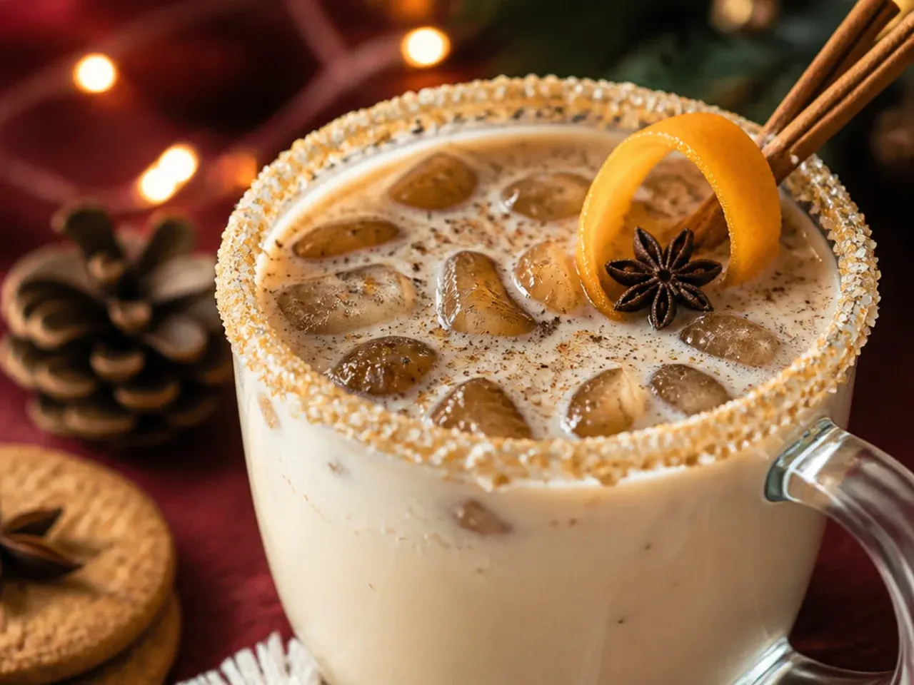 Mug of spiced chai eggnog dusted with cinnamon and star anise garnish