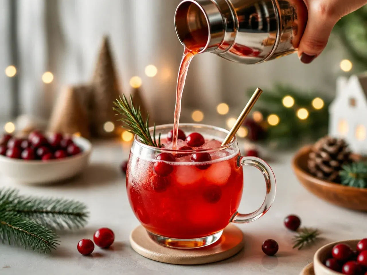 Punch bowl of festive cranberry champagne punch with floating cranberries and orange slices
