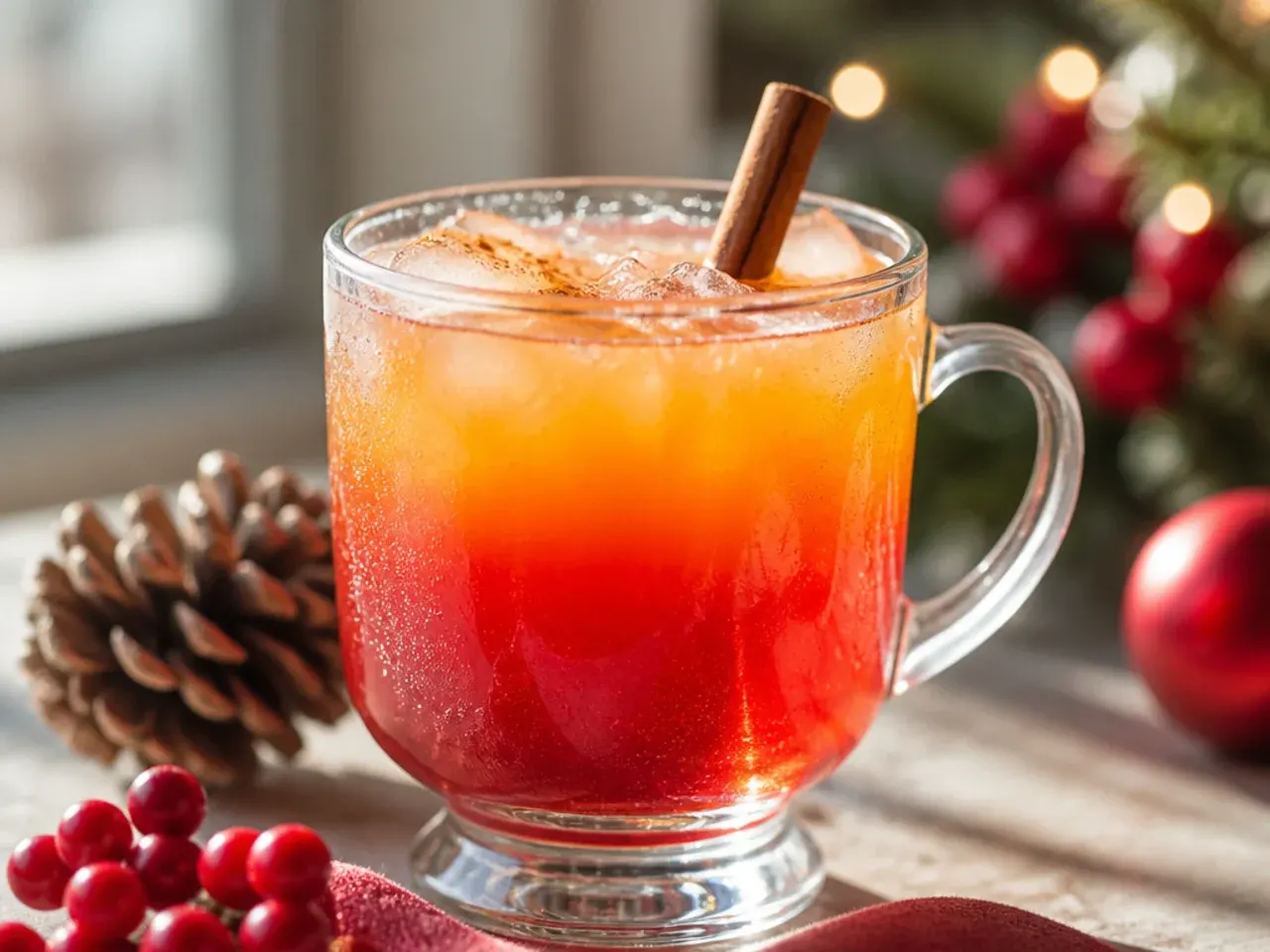 Layered poinsettia cocktail in a champagne flute showing distinct red and gold layers