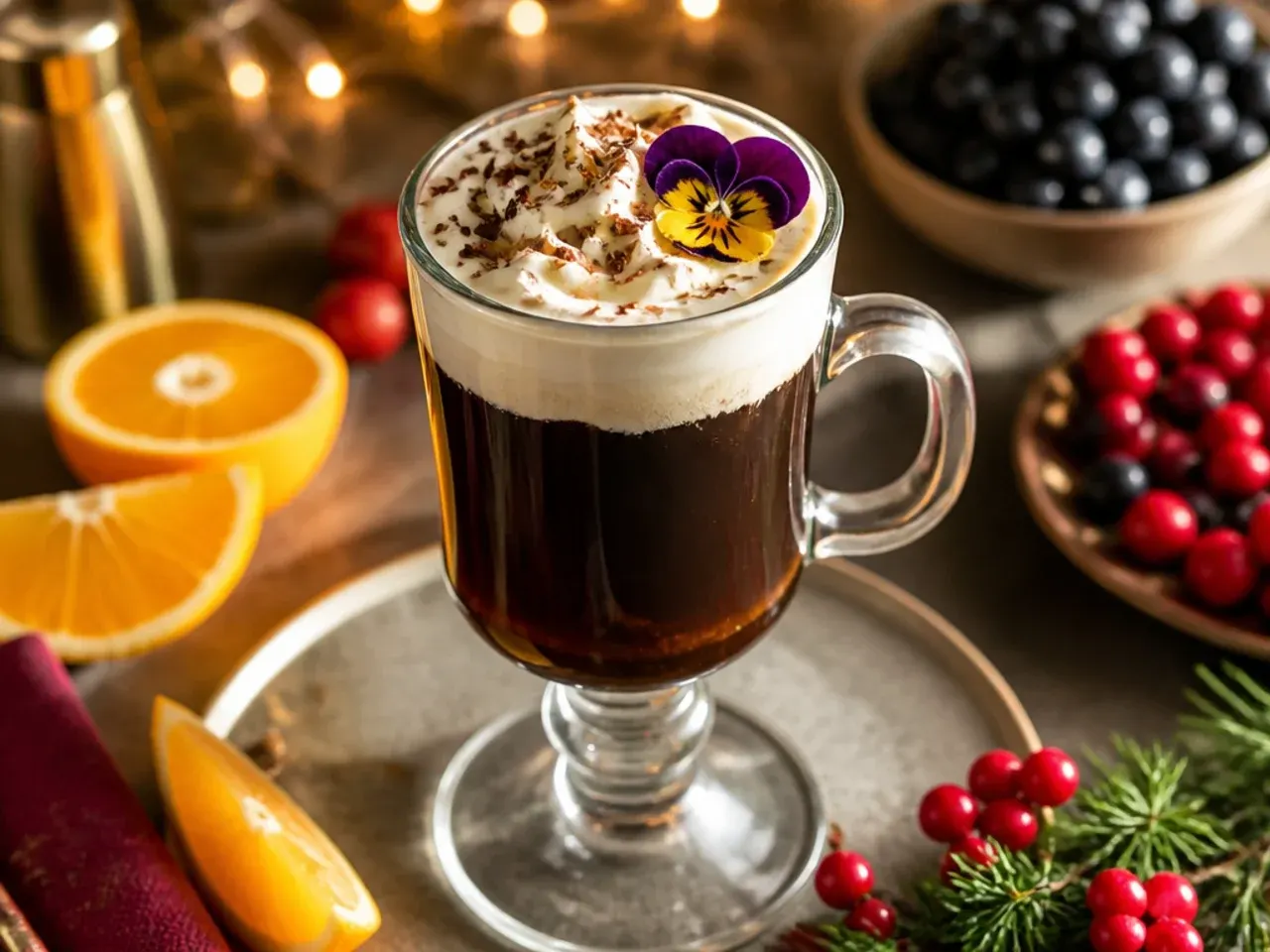 Irish coffee in a glass mug with a floated layer of whipped cream on top