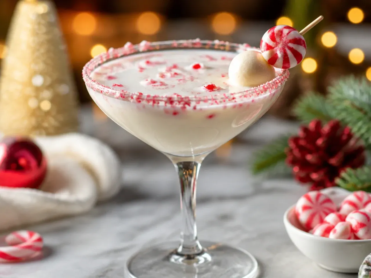 White chocolate peppermint martini in a candy cane rimmed glass