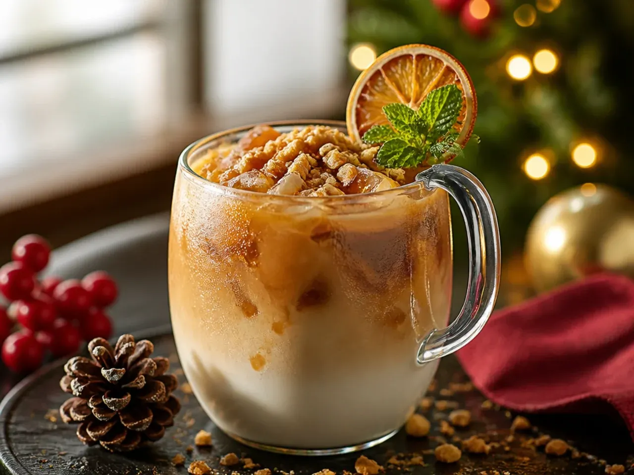 Iced chestnut praline latte in a glass with caramel drizzle and chopped hazelnuts on top