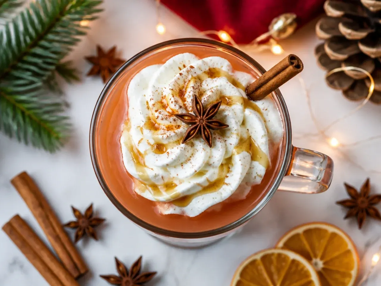 Slow cooker of classic wassail punch with orange slices and cinnamon sticks floating on top
