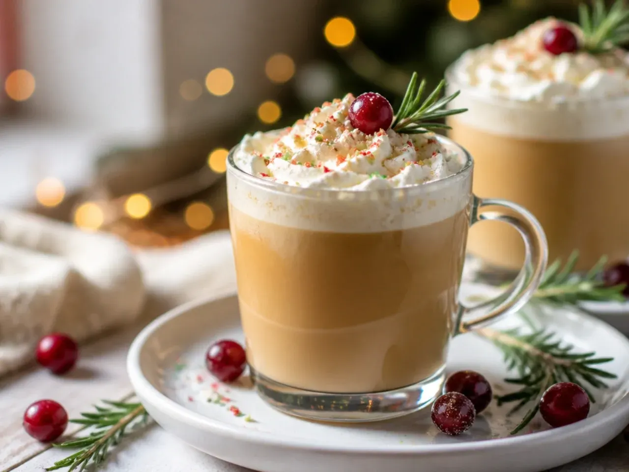 Copycat christmas cookie latte topped with whipped cream and festive red and green sprinkles