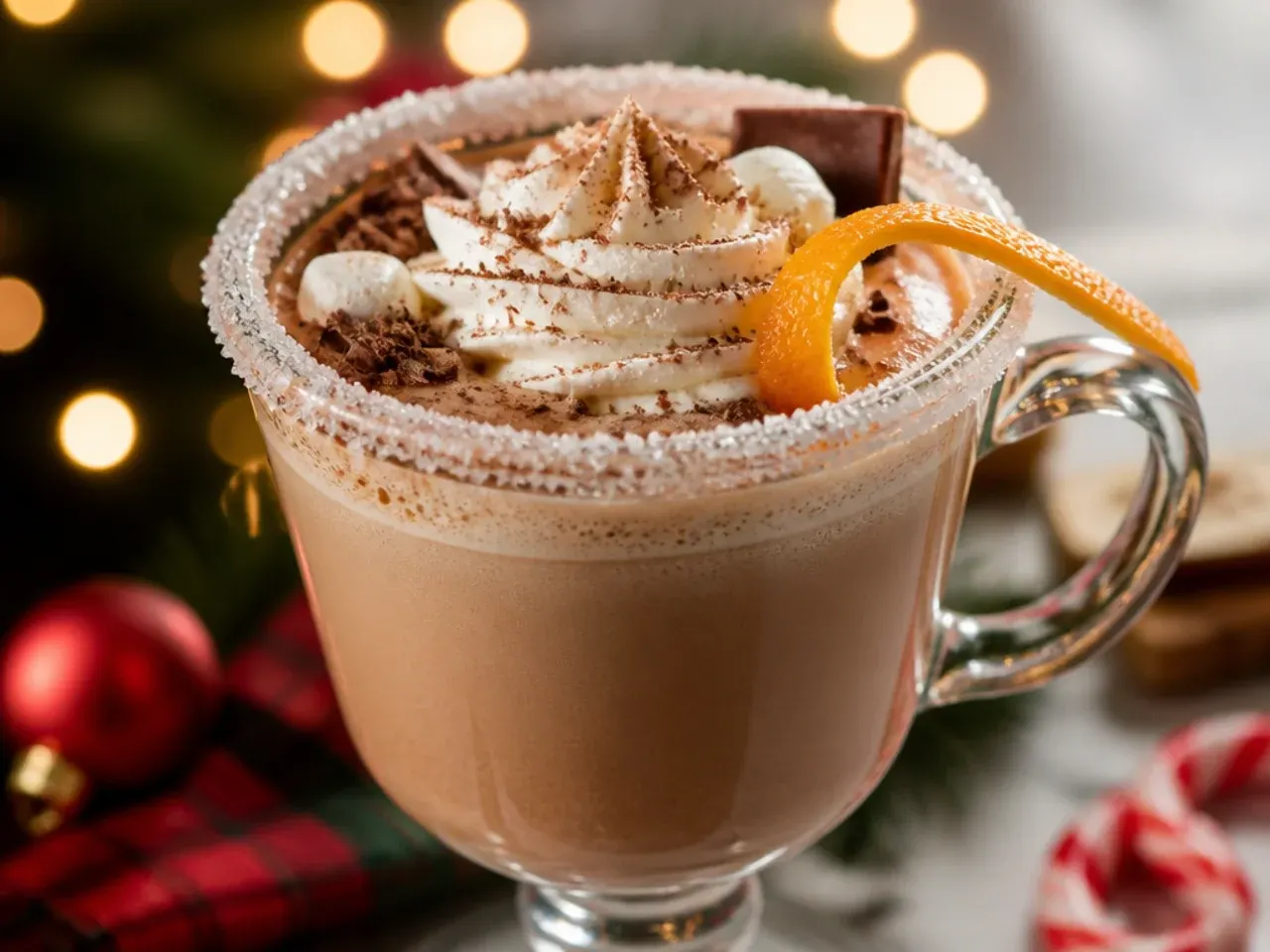 Mug of creamy Baileys hot chocolate with whipped cream and a drizzle of Irish cream liqueur