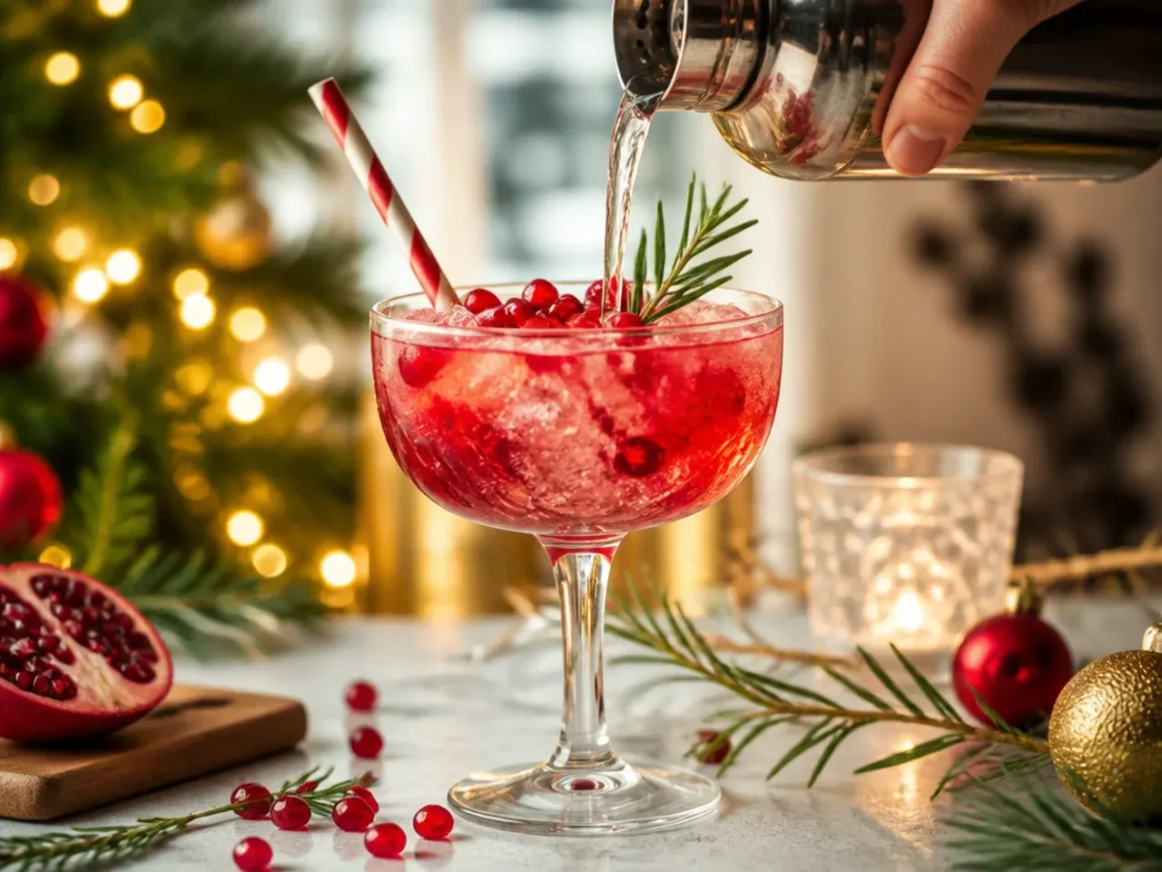 Refreshing pomegranate prosecco fizz in a champagne flute with pomegranate arils